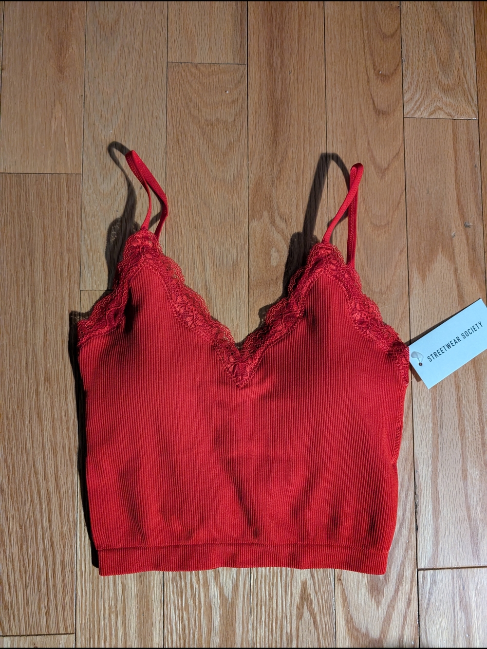 NWT Streetwear Society Red Ribbed Lace-Trim Crop Tank Cami
